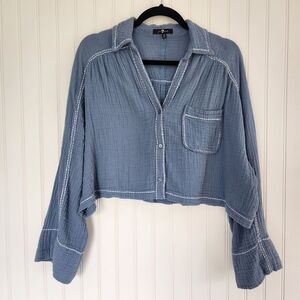 7 FOR ALL MANKIND Blue 100% Gauzy Cotton Exposed Stitching Button Front Blouse M